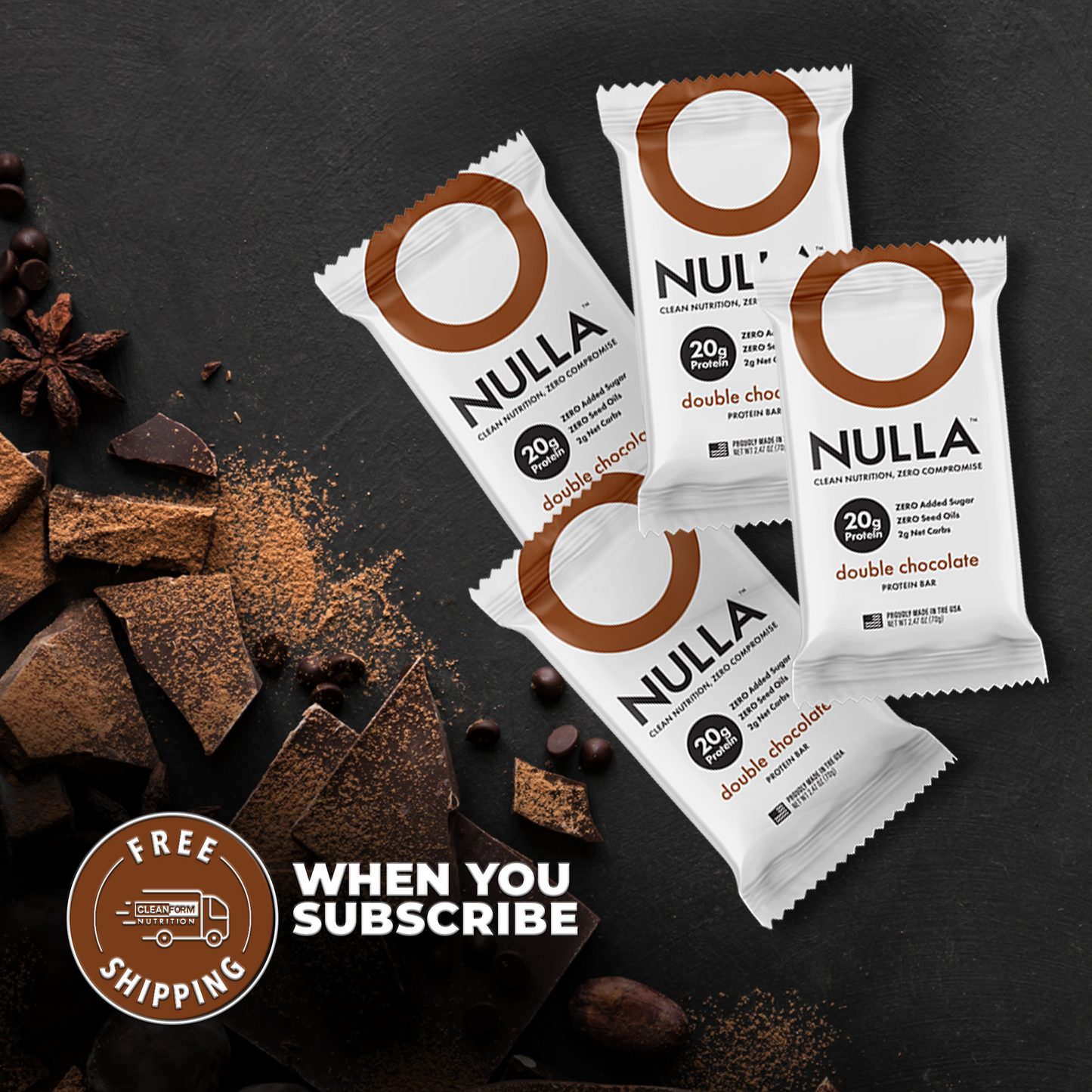 CleanForm Nutrition Nulla Protein Bar - Double Chocolate - Box of 12